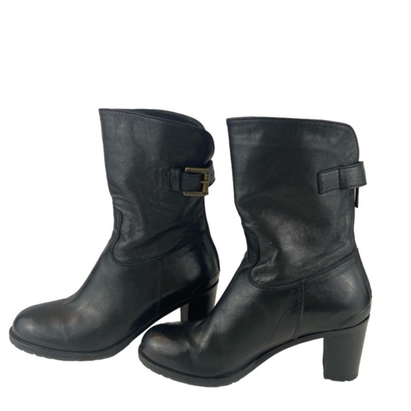 Varda Italian Black Lambskin Genuine Leather Heeled Boots Bronze Buckle Luxury - Picture 1 of 14